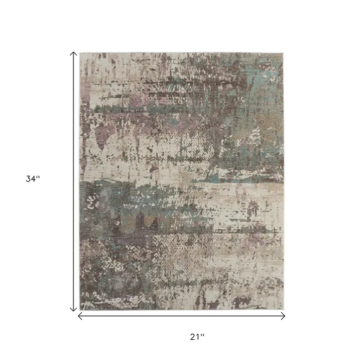 2' X 3' Ivory Blue And Purple Abstract Distressed Area Rug