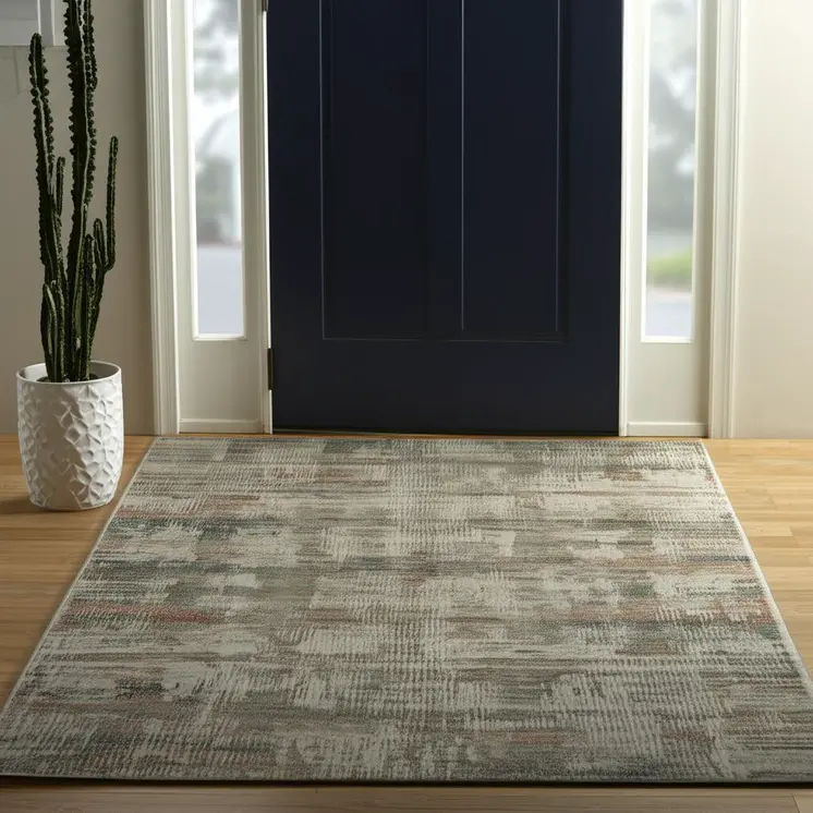 2' X 3' Ivory Gray And Green Abstract Distressed Area Rug