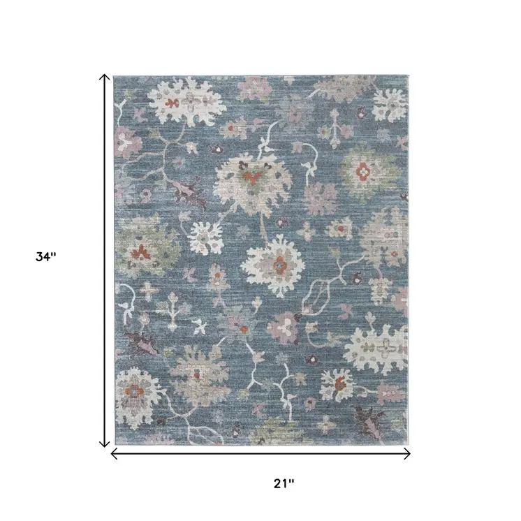 2' X 3' Blue Ivory And Pink Abstract Distressed Area Rug