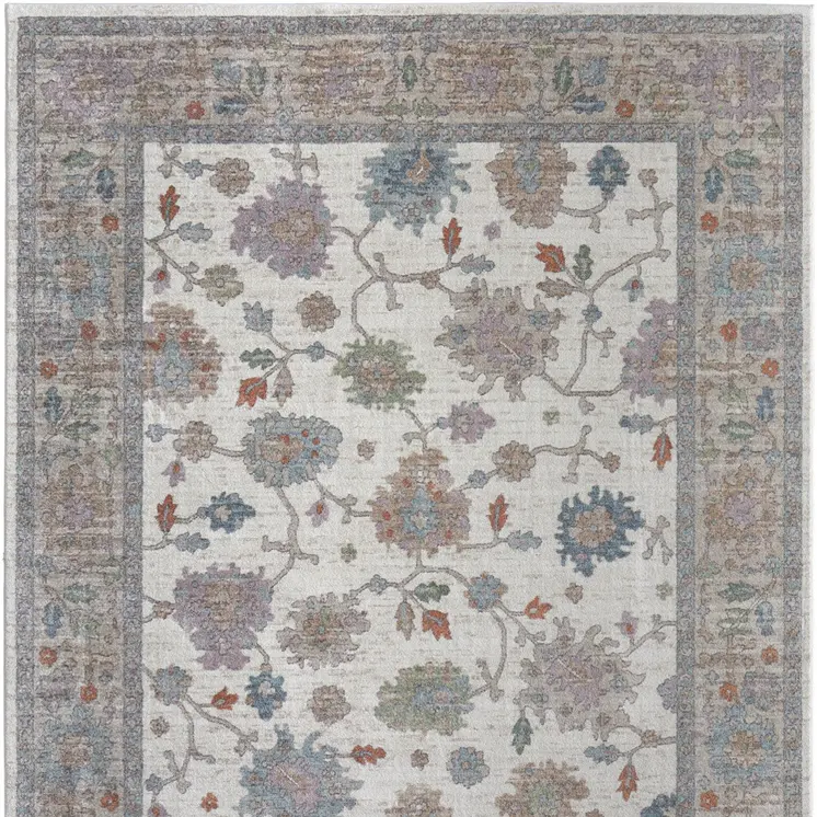 5' X 8' Ivory Brown And Blue Floral Distressed Area Rug