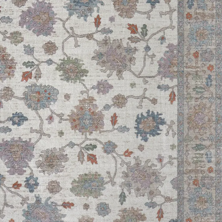 5' X 8' Ivory Brown And Blue Floral Distressed Area Rug