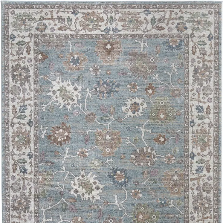 5' X 8' Blue Ivory And Brown Floral Distressed Area Rug