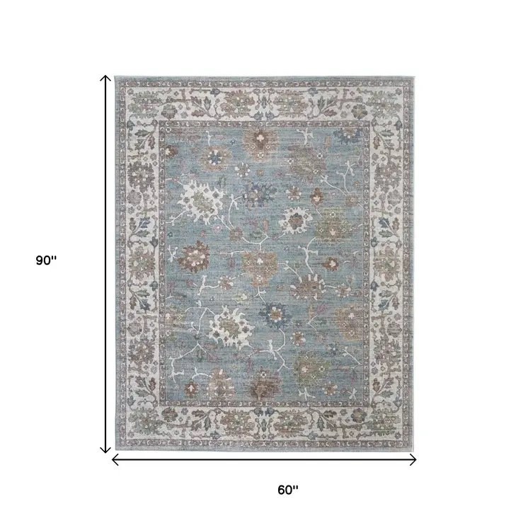 5' X 8' Blue Ivory And Brown Floral Distressed Area Rug