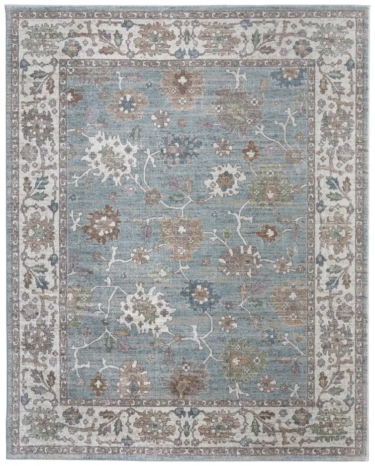5' X 8' Blue Ivory And Brown Floral Distressed Area Rug
