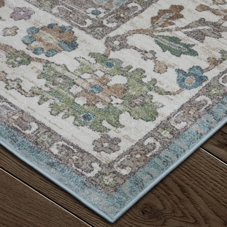 5' X 8' Blue Ivory And Brown Floral Distressed Area Rug
