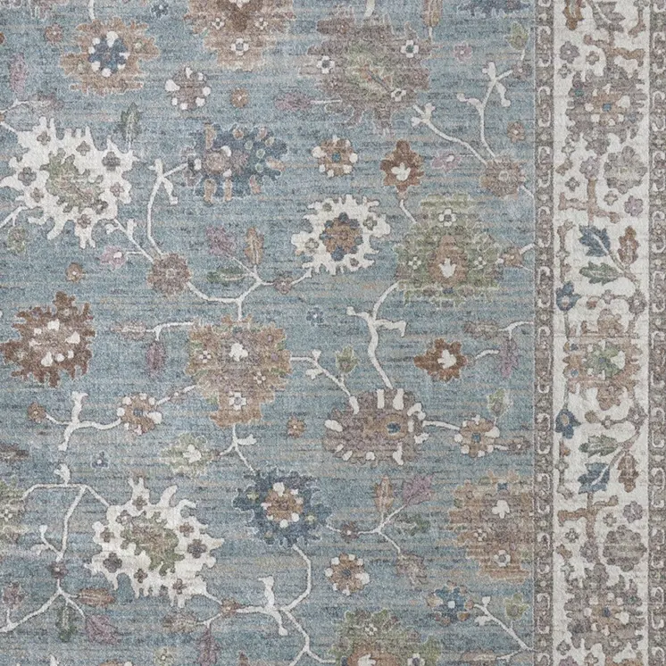 5' X 8' Blue Ivory And Brown Floral Distressed Area Rug