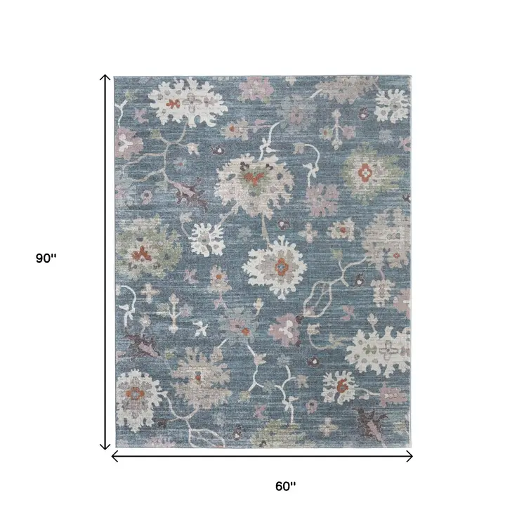 5' X 8' Blue Ivory And Pink Abstract Distressed Area Rug