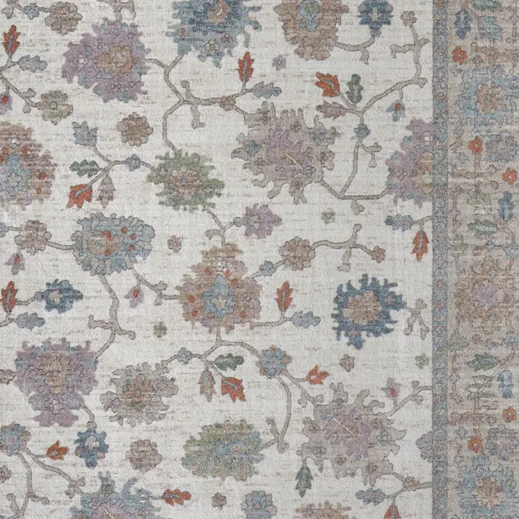 8' X 10' Ivory Brown And Blue Floral Distressed Area Rug
