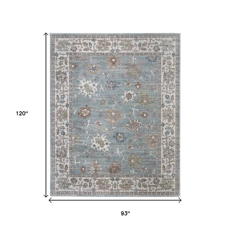 8' X 10' Blue Ivory And Brown Floral Distressed Area Rug