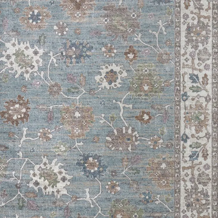8' X 10' Blue Ivory And Brown Floral Distressed Area Rug