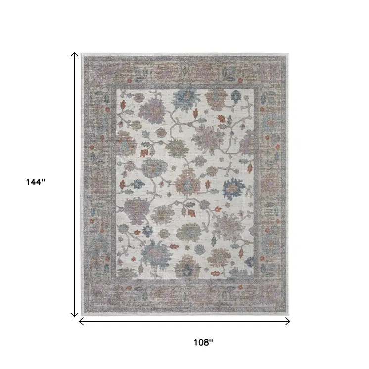 9' X 12' Ivory Brown And Blue Floral Distressed Area Rug