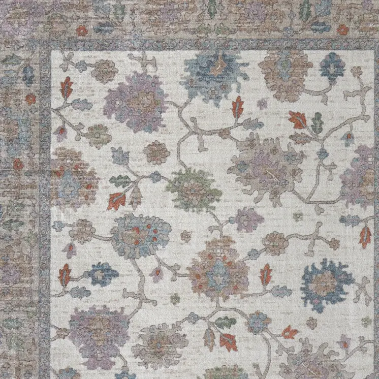 9' X 12' Ivory Brown And Blue Floral Distressed Area Rug