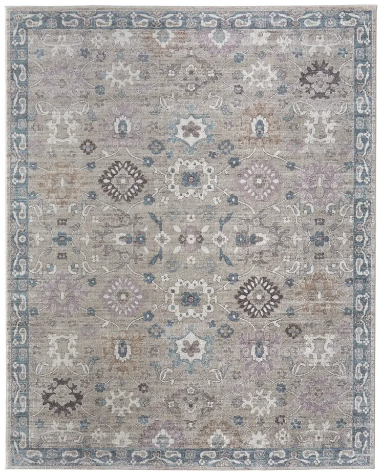 9' X 12' Gray Blue And Taupe Floral Distressed Area Rug