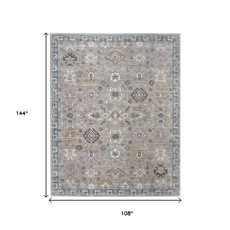 9' X 12' Gray Blue And Taupe Floral Distressed Area Rug