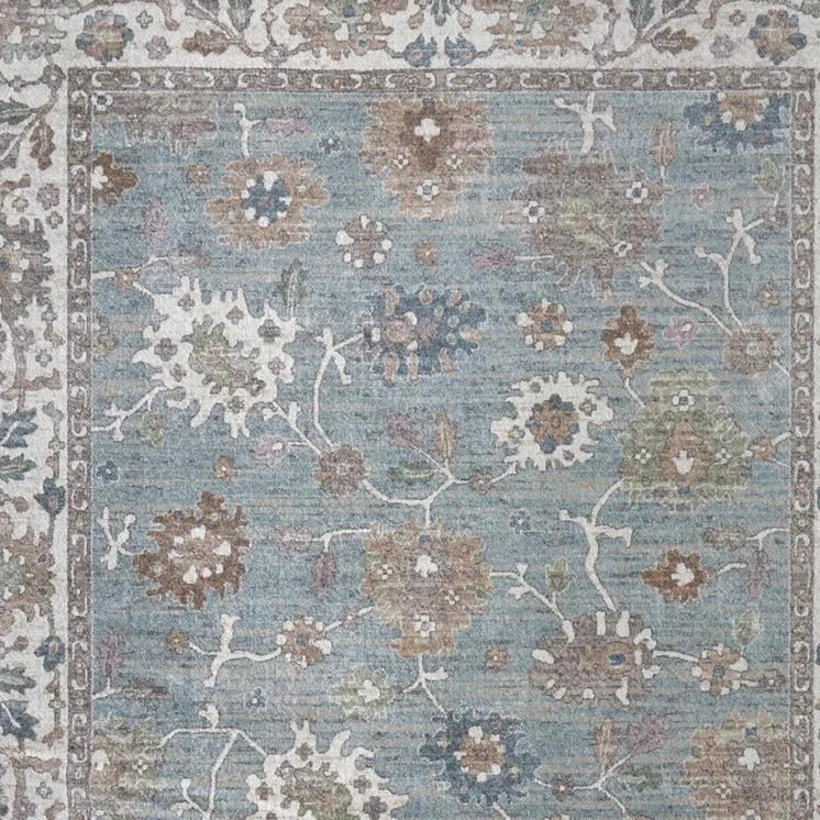 9' X 12' Blue Ivory And Brown Floral Distressed Area Rug