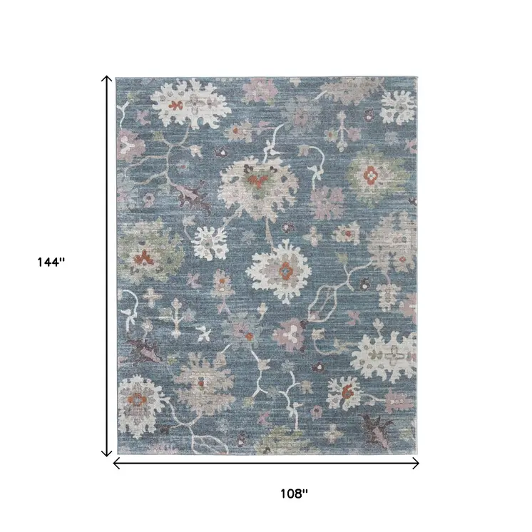 9' X 12' Blue Ivory And Pink Abstract Distressed Area Rug