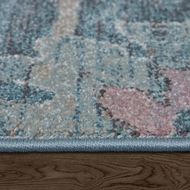 9' X 12' Blue Ivory And Pink Abstract Distressed Area Rug