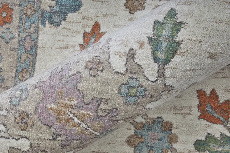 10' X 13' Ivory Brown And Blue Floral Distressed Area Rug