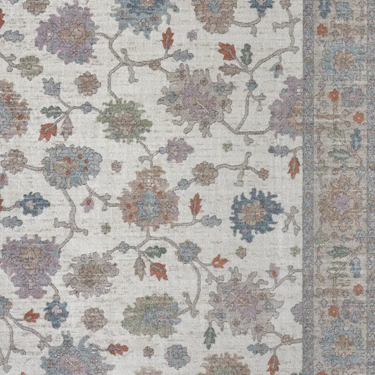 10' X 13' Ivory Brown And Blue Floral Distressed Area Rug
