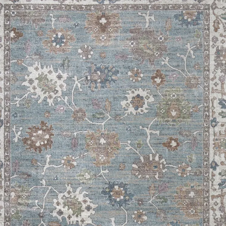 10' X 13' Blue Ivory And Brown Floral Distressed Area Rug