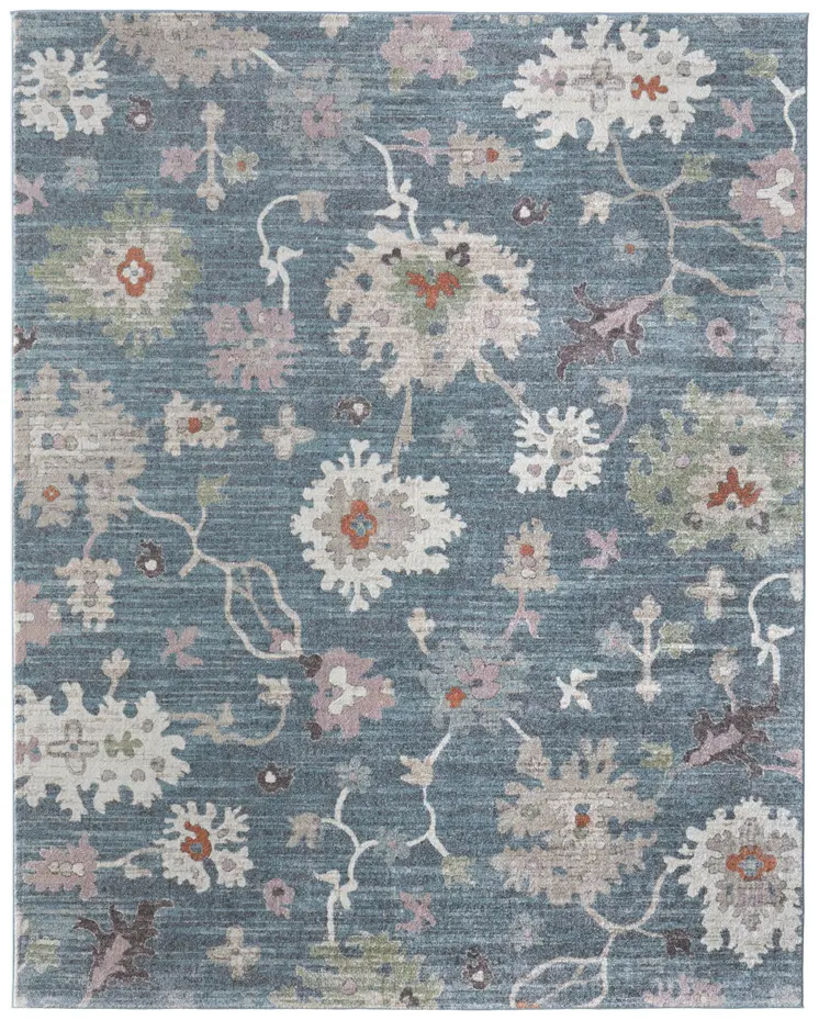 10' X 13' Blue Ivory And Pink Abstract Distressed Area Rug