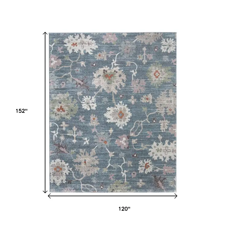 10' X 13' Blue Ivory And Pink Abstract Distressed Area Rug