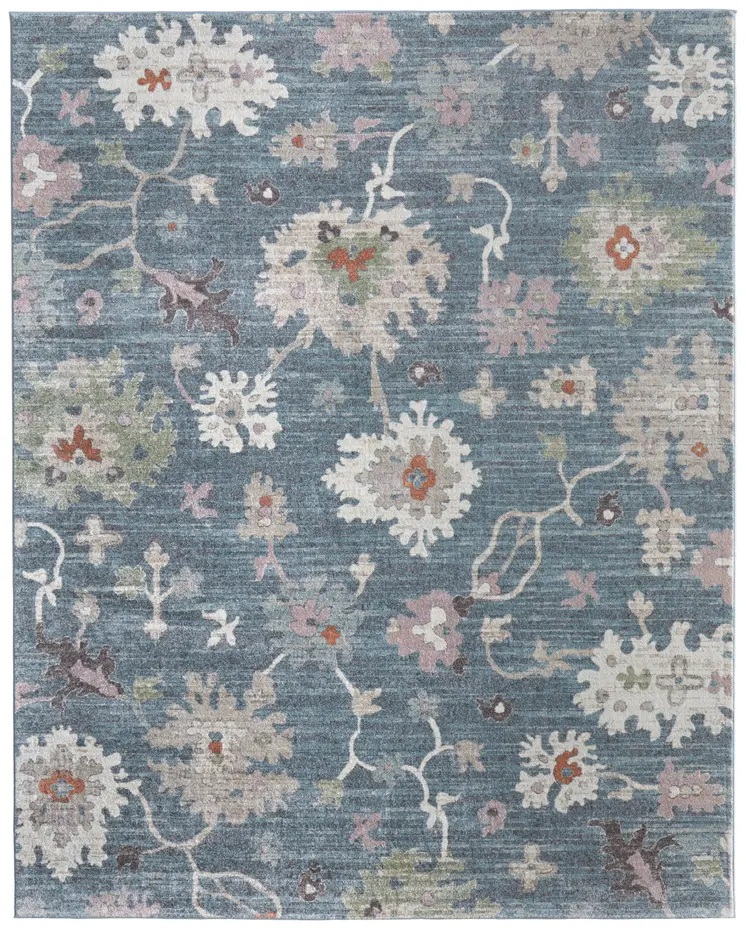 10' X 13' Blue Ivory And Pink Abstract Distressed Area Rug