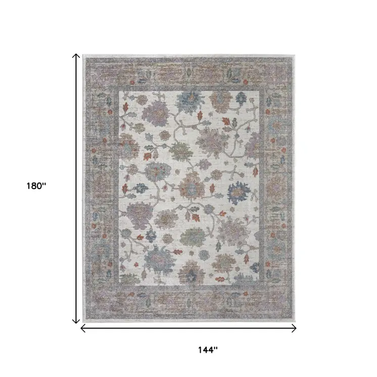 12' X 15' Ivory Brown And Blue Floral Distressed Area Rug