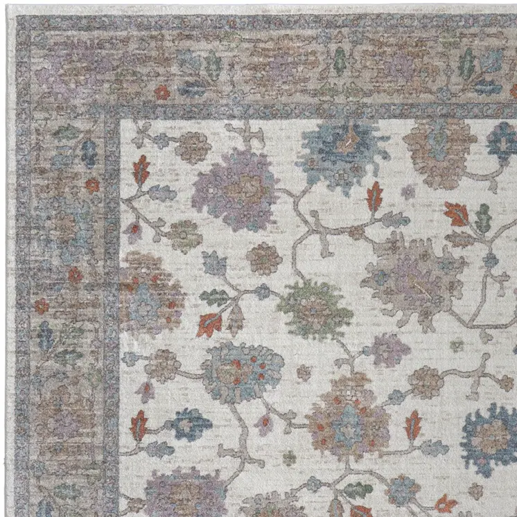 12' X 15' Ivory Brown And Blue Floral Distressed Area Rug