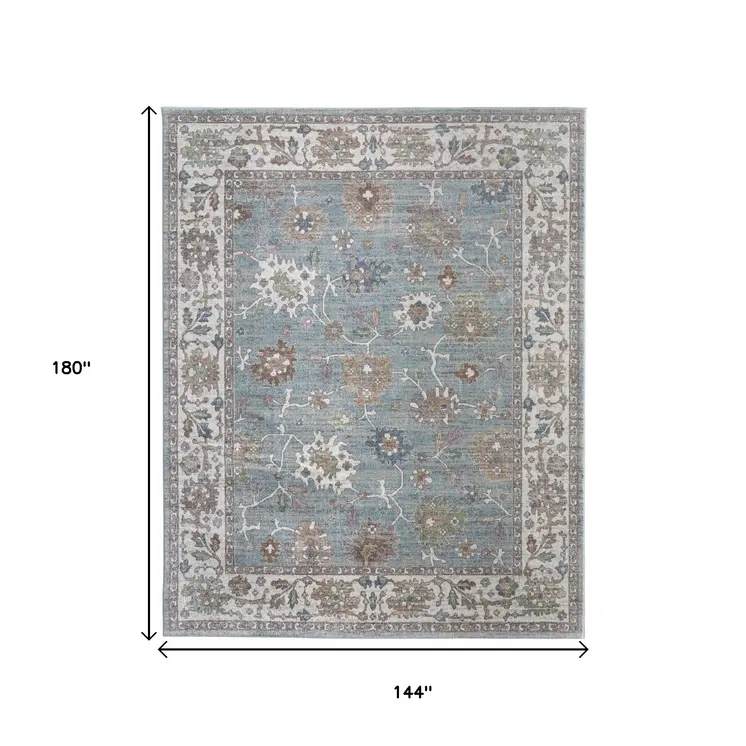 12' X 15' Blue Ivory And Brown Floral Distressed Area Rug