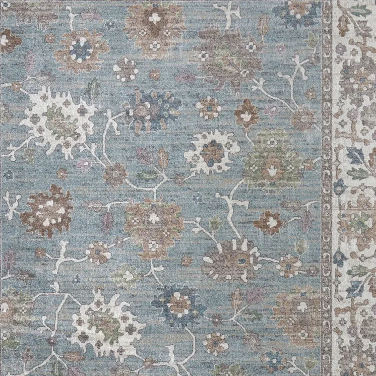 12' X 15' Blue Ivory And Brown Floral Distressed Area Rug