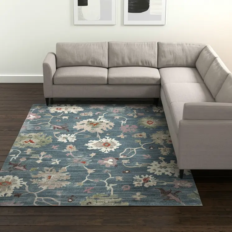 12' X 15' Blue Ivory And Pink Abstract Distressed Area Rug