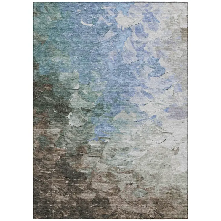5' X 8' Denim Blue Taupe And Ivory Abstract Washable Indoor Outdoor Area Rug