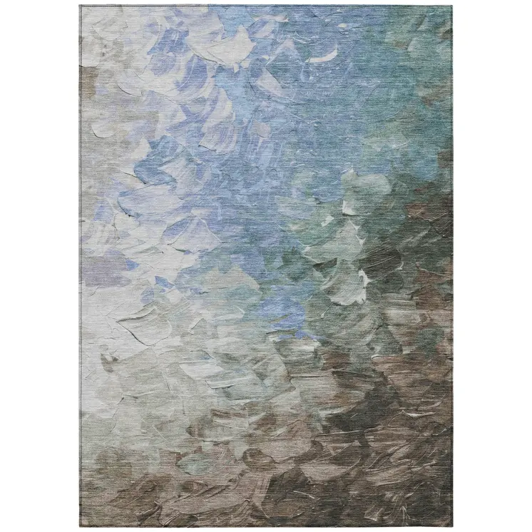 5' X 8' Denim Blue Taupe And Ivory Abstract Washable Indoor Outdoor Area Rug