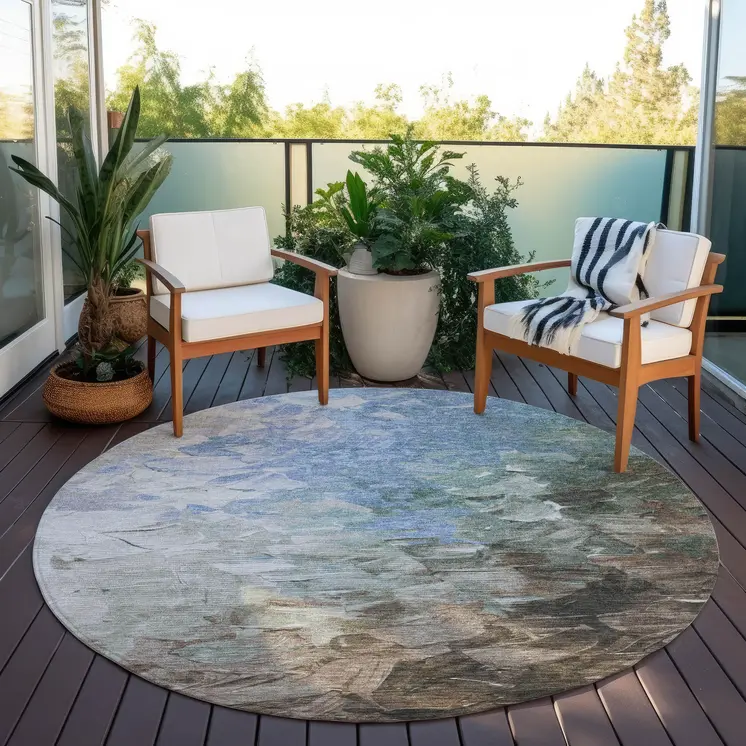 8' Denim Blue Taupe And Ivory Round Abstract Washable Indoor Outdoor Area Rug