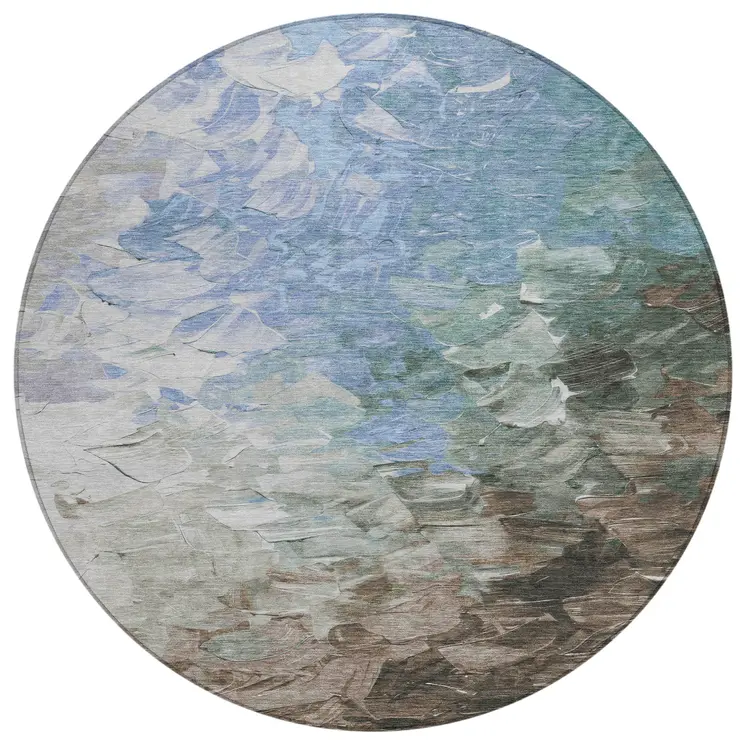 8' Denim Blue Taupe And Ivory Round Abstract Washable Indoor Outdoor Area Rug
