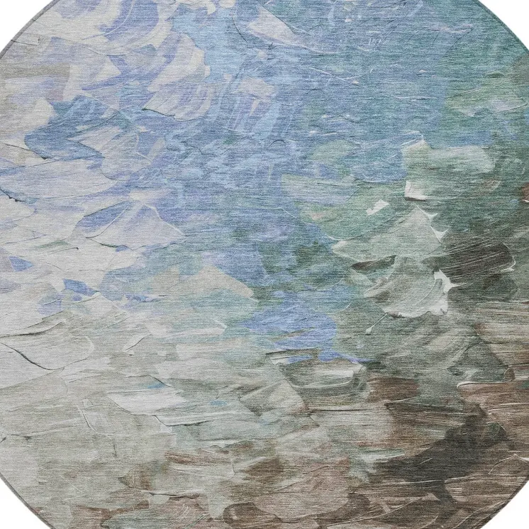 8' Denim Blue Taupe And Ivory Round Abstract Washable Indoor Outdoor Area Rug