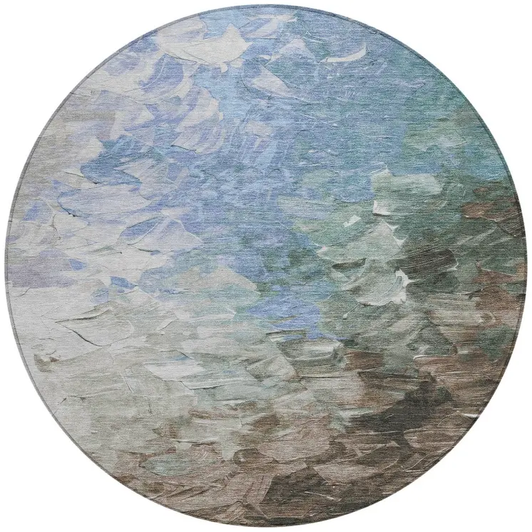 8' Denim Blue Taupe And Ivory Round Abstract Washable Indoor Outdoor Area Rug