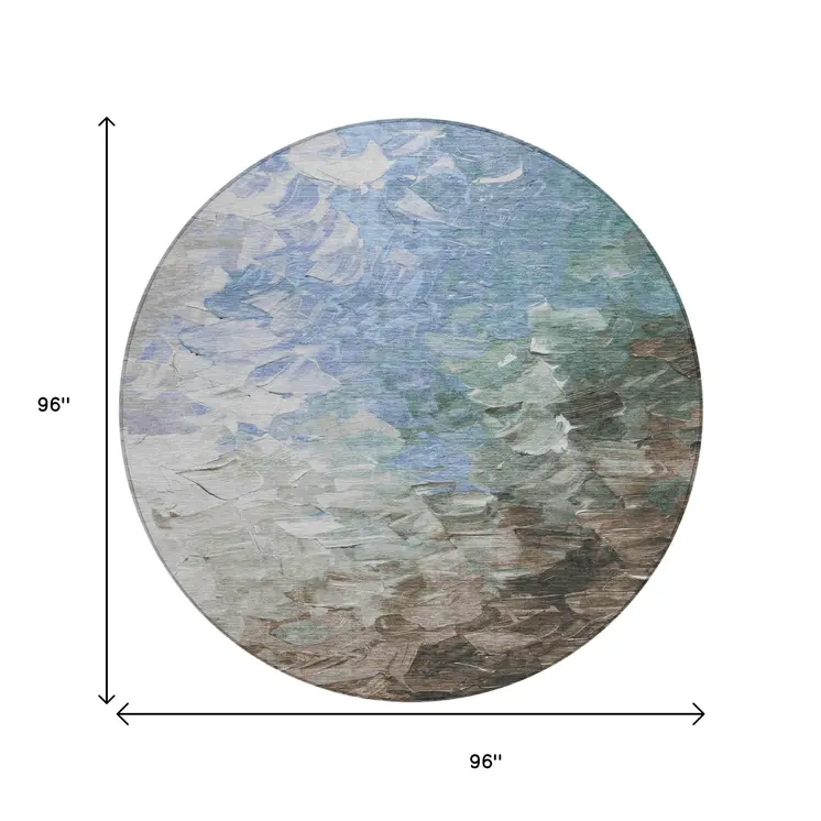 8' Denim Blue Taupe And Ivory Round Abstract Washable Indoor Outdoor Area Rug