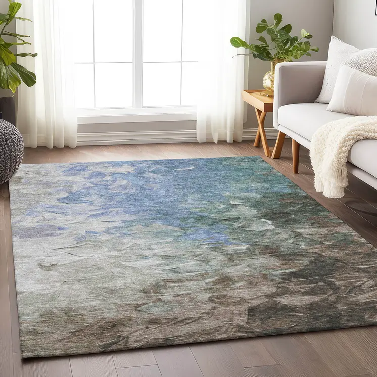 9' X 12' Denim Blue Taupe And Ivory Abstract Washable Indoor Outdoor Area Rug
