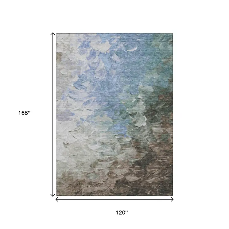 10' X 14' Denim Blue Taupe And Ivory Abstract Washable Indoor Outdoor Area Rug