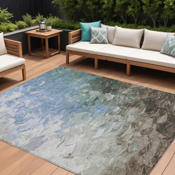 10' X 14' Denim Blue Taupe And Ivory Abstract Washable Indoor Outdoor Area Rug