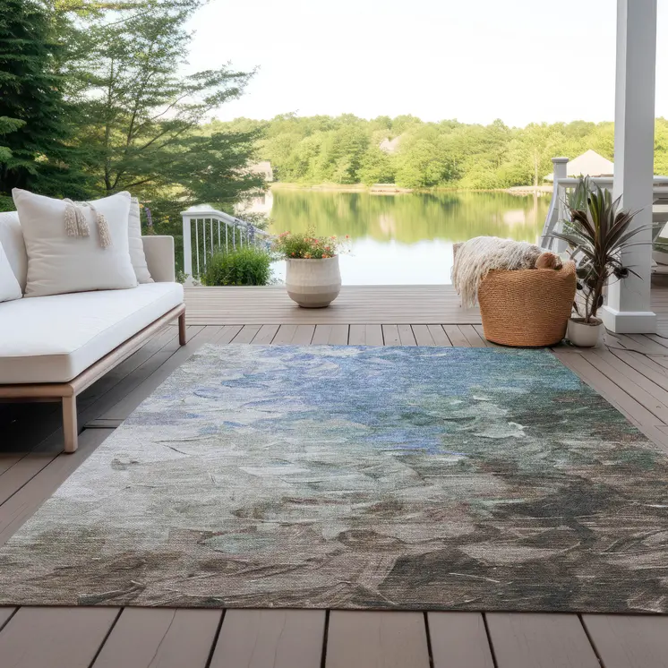 10' X 14' Denim Blue Taupe And Ivory Abstract Washable Indoor Outdoor Area Rug