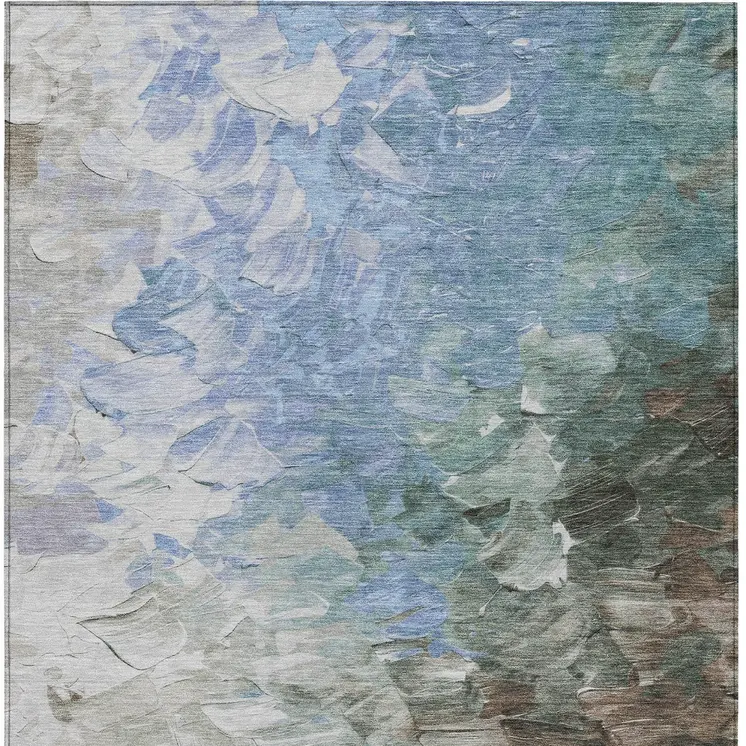 10' X 14' Denim Blue Taupe And Ivory Abstract Washable Indoor Outdoor Area Rug