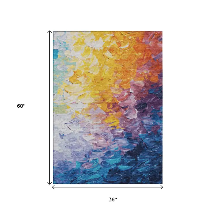 3' X 5' Gold Yellow Teal Blue And Lavender Abstract Washable Indoor Outdoor Area Rug
