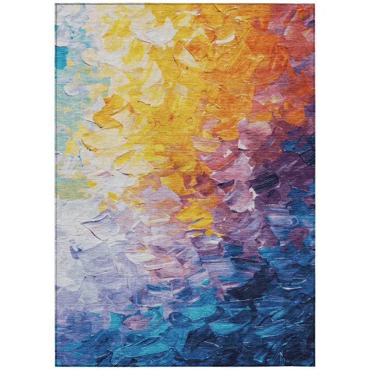 3' X 5' Gold Yellow Teal Blue And Lavender Abstract Washable Indoor Outdoor Area Rug