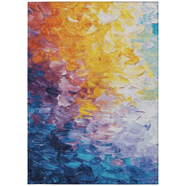 3' X 5' Gold Yellow Teal Blue And Lavender Abstract Washable Indoor Outdoor Area Rug