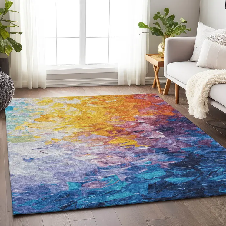 3' X 5' Gold Yellow Teal Blue And Lavender Abstract Washable Indoor Outdoor Area Rug