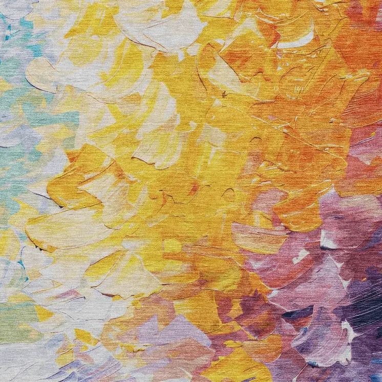 5' X 8' Gold Yellow Teal Blue And Lavender Abstract Washable Indoor Outdoor Area Rug