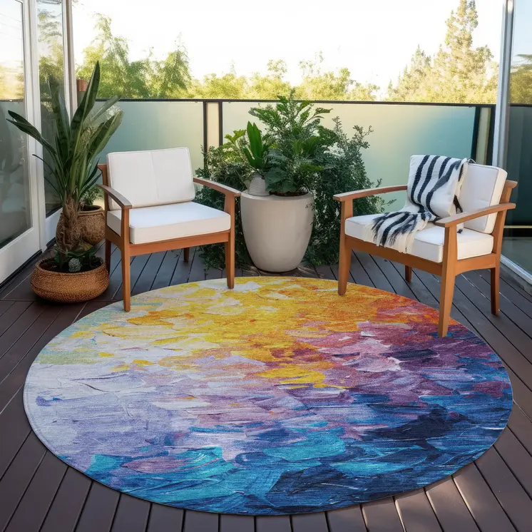 8' Gold Yellow Teal Blue And Lavender Round Abstract Washable Indoor Outdoor Area Rug